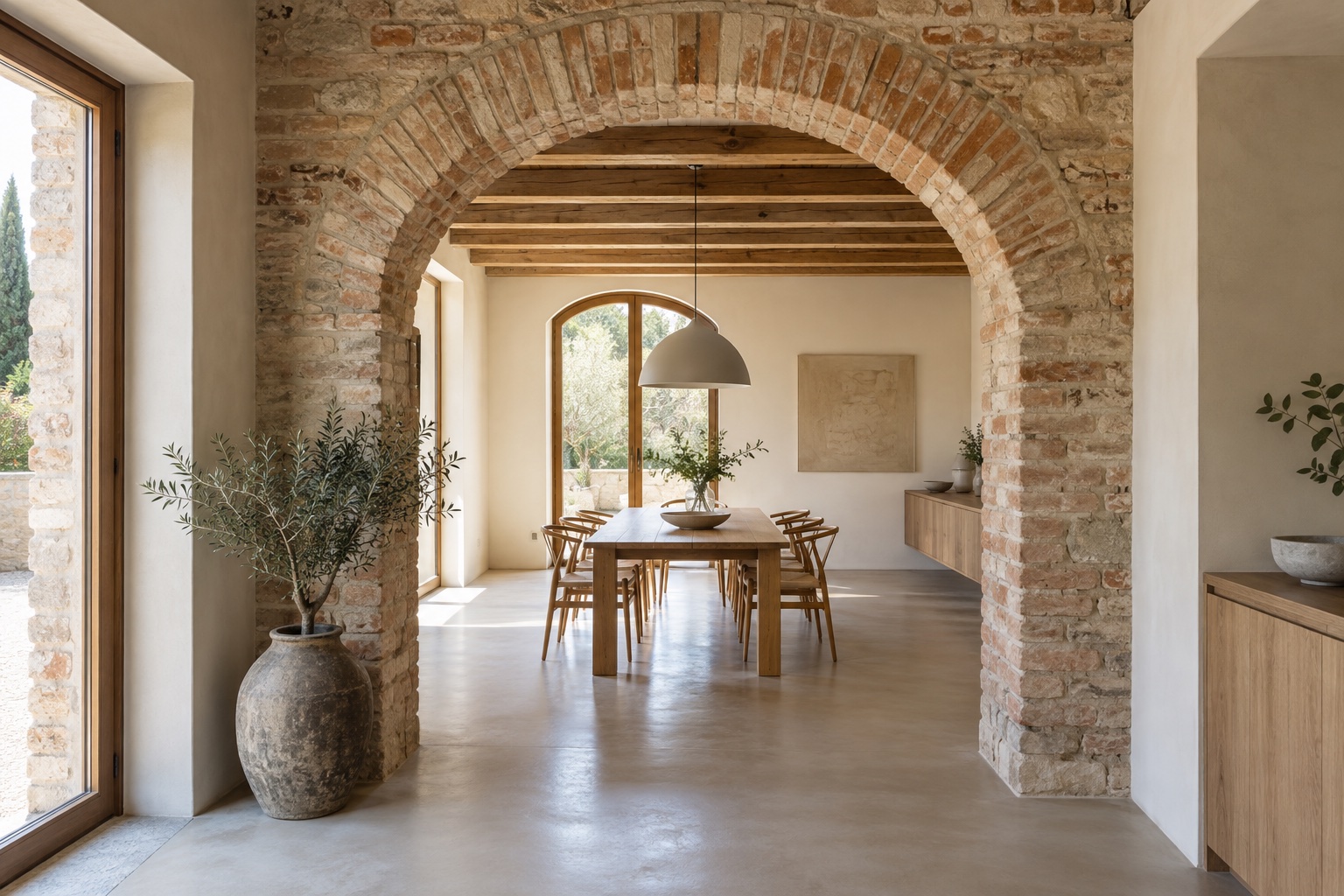 Immagine illustrativa di un arco in mattoni restaurato e di una zona pranzo contemporanea